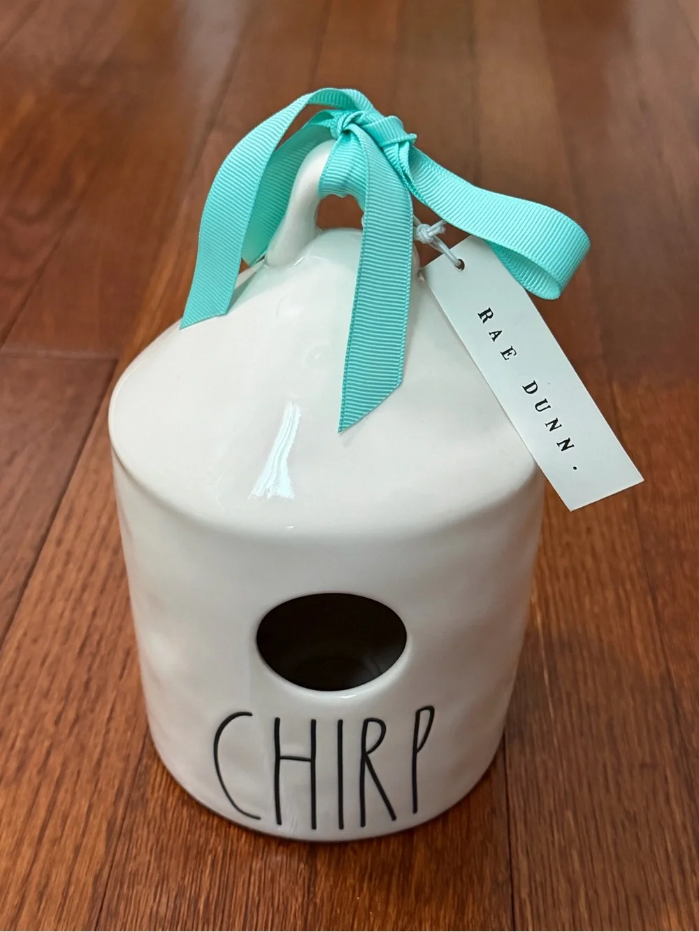 Rae Dunn White Ceramic Birdhouse with Teal Ribbon Accent